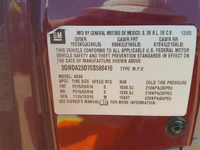 3GNDA23D76S588416 - 2006 CHEVROLET HHR MAROON photo 10