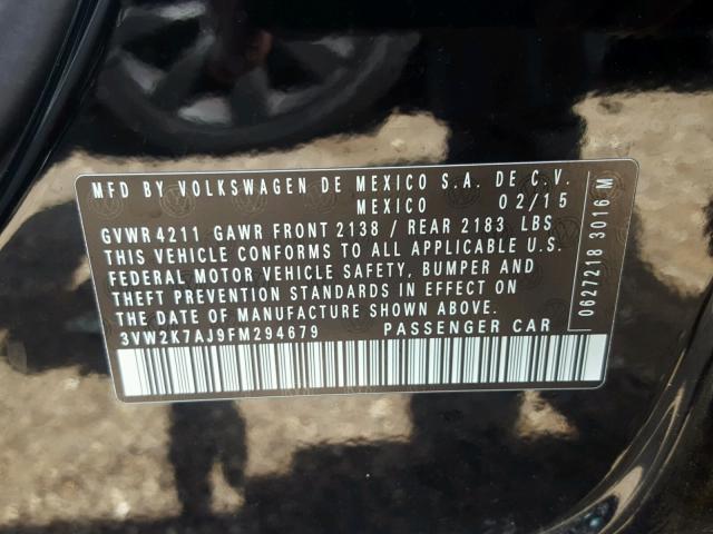 3VW2K7AJ9FM294679 - 2015 VOLKSWAGEN JETTA BASE 黑色 照片 10
