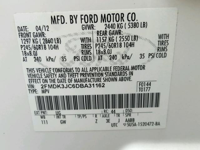 2FMDK3JC6DBA31162 - 2013 FORD EDGE SEL WHITE photo 10