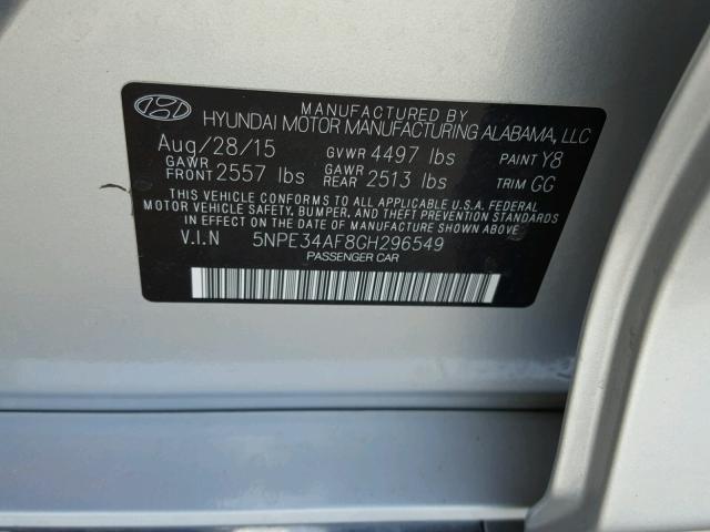 5NPE34AF8GH296549 - 2016 HYUNDAI SONATA SPO SILVER photo 10