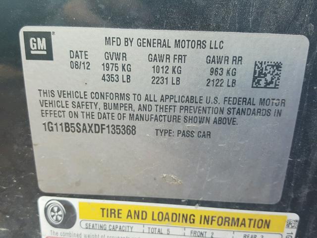 1G11B5SAXDF135368 - 2013 CHEVROLET MALIBU LS შავი ფოტო 10