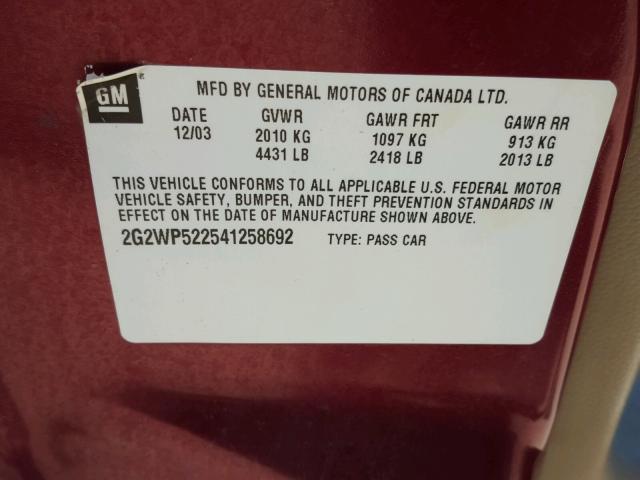 2G2WP522541258692 - 2004 PONTIAC GRAND PRIX MAROON photo 10