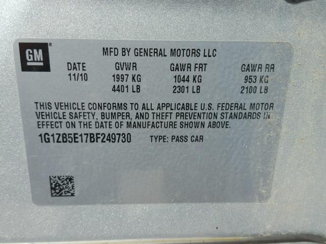 1G1ZB5E17BF249730 - 2011 CHEVROLET MALIBU LS ვერცხლისფერი ფოტო 10