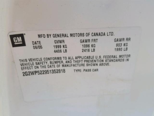 2G2WP522951352818 - 2005 PONTIAC GRAND PRIX WHITE photo 10