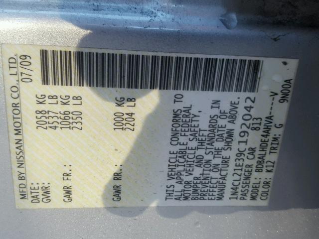 1N4CL21E39C192042 - 2009 NISSAN ALTIMA HYB GRAY photo 10