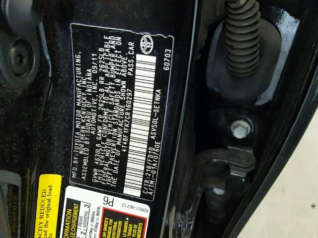 4T4BF1FK7CR160297 - 2012 TOYOTA CAMRY BASE BLACK photo 10