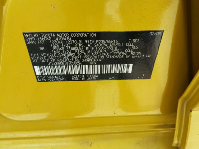 JTLKE50E181058826 - 2008 TOYOTA SCION XB Sarı foto 10