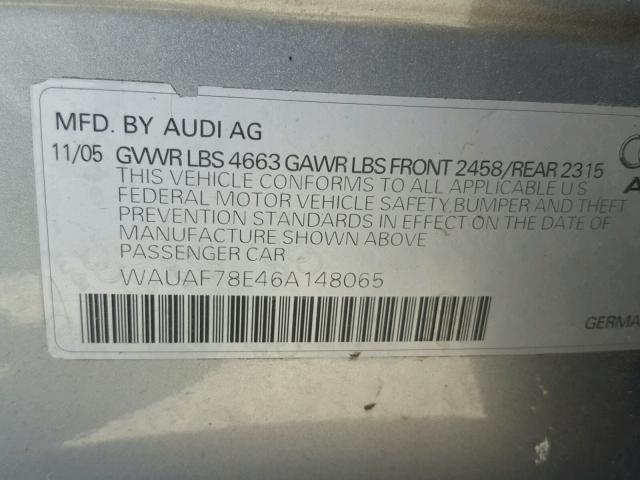 WAUAF78E46A148065 - 2006 AUDI A4 2 GRAY photo 10