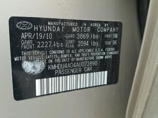 KMHDU4AD4AU072890 - 2010 HYUNDAI ELANTRA BL GOLD photo 10