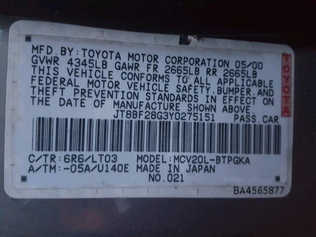 JT8BF28G3Y0275151 - 2000 LEXUS ES 300 GREEN photo 10