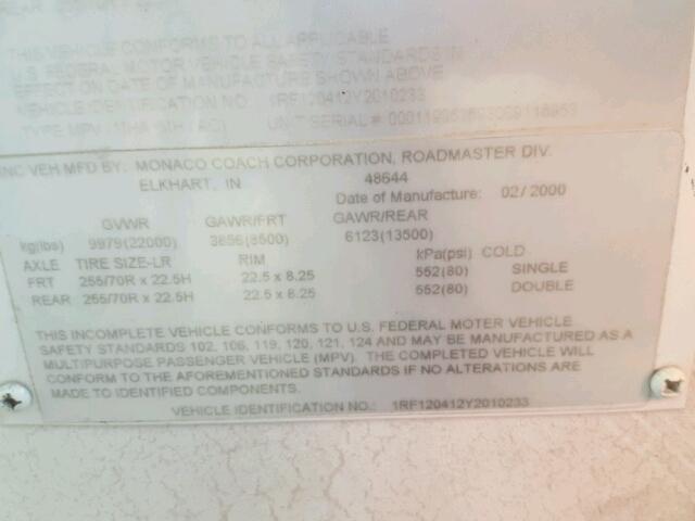 1RF120412Y2010233 - 2000 ROADMASTER RAIL DYANASTER თეთრი ფოტო 10