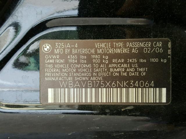 WBAVB175X6NK34064 - 2006 BMW 325 I AUTO BLACK photo 10