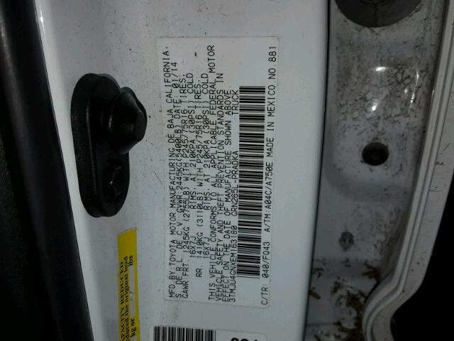 3TMJU4GNXEM163180 - 2014 TOYOTA TACOMA WHITE photo 10