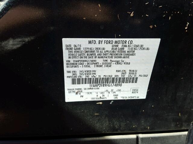 1FAHP2F89FG174890 - 2015 FORD TAURUS LIM BLACK photo 10