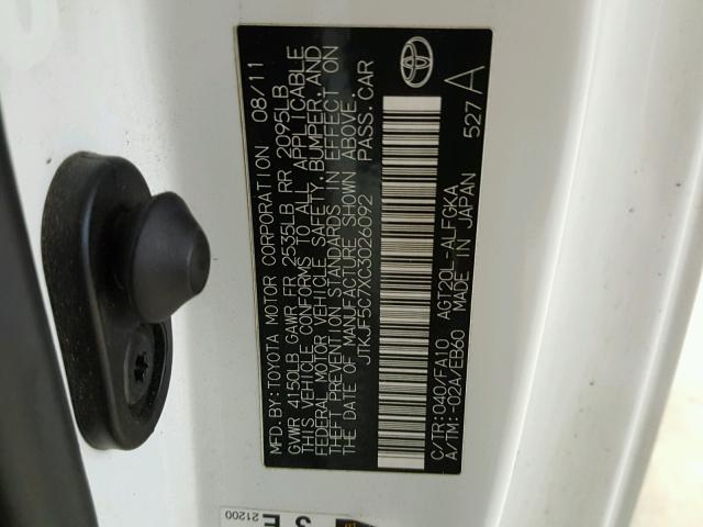 JTKJF5C7XC3026092 - 2012 TOYOTA SCION TC 白色 照片 10