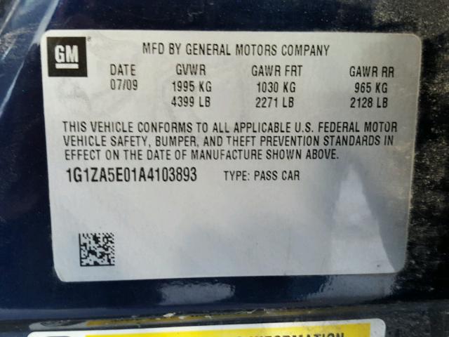 1G1ZA5E01A4103893 - 2010 CHEVROLET MALIBU LS BLUE photo 10