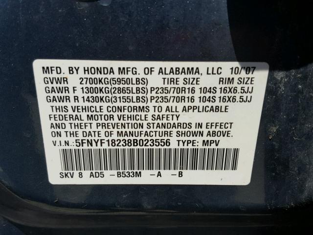 5FNYF18238B023556 - 2008 HONDA PILOT VP BLUE photo 10