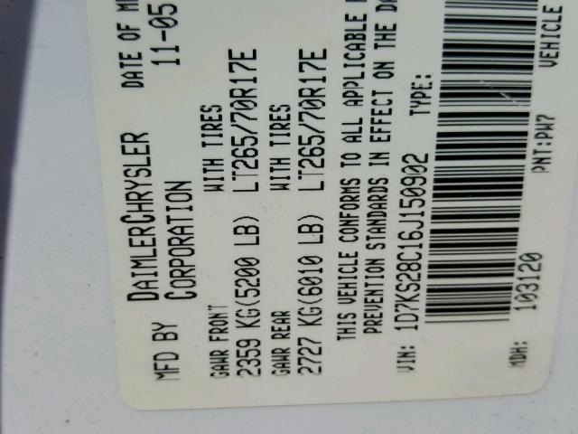 1D7KS28C16J150902 - 2006 DODGE RAM 2500 S WHITE photo 10