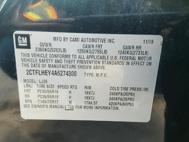 2CTFLHEY4A6274300 - 2010 GMC TERRAIN BLACK photo 10