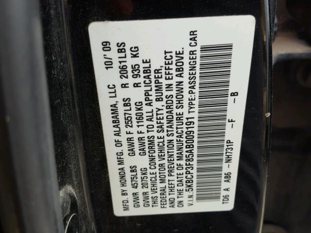 5KBCP3F85AB009191 - 2010 HONDA ACCORD EXL BLACK photo 10