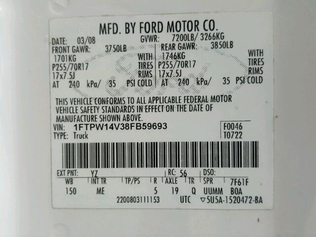 1FTPW14V38FB59693 - 2008 FORD F150 SUPER WHITE photo 10