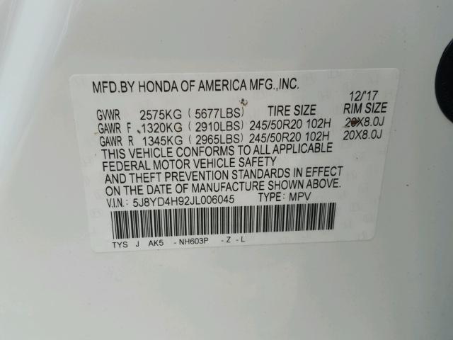 5J8YD4H92JL006045 - 2018 ACURA MDX ADVANC 白色 照片 10