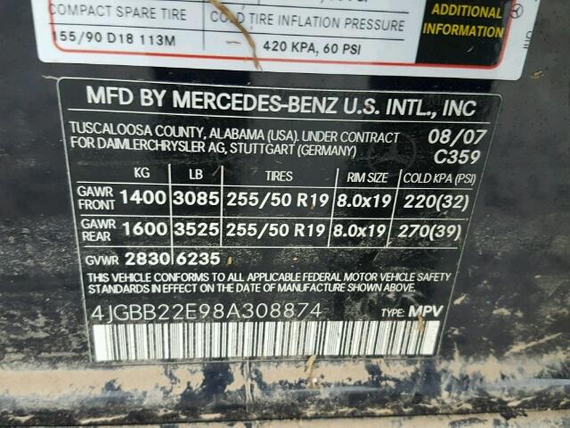 4JGBB22E98A308874 - 2008 MERCEDES-BENZ ML 320 CDI BLUE photo 10