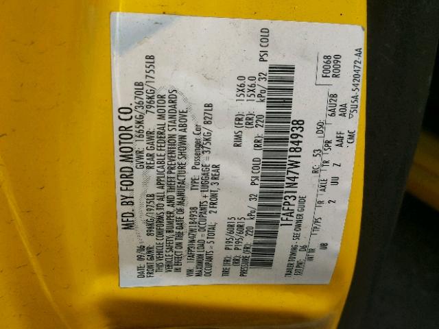 1FAFP31N47W184938 - 2007 FORD FOCUS ZX3 YELLOW photo 10