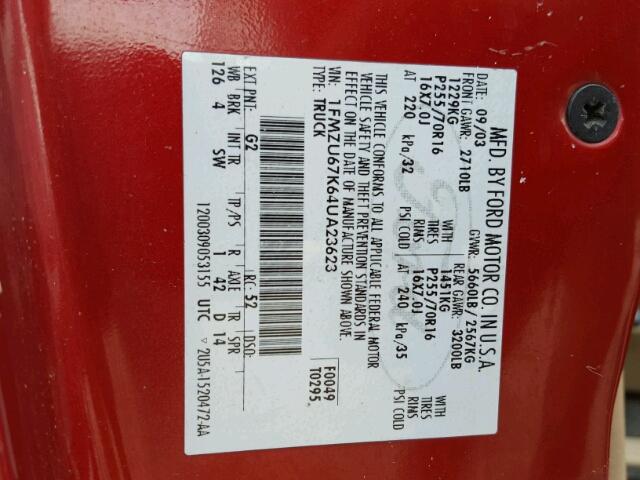 1FMZU67K64UA23623 - 2004 FORD EXPLORER S 红色 照片 10