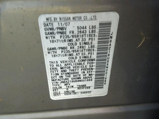 JN8AZ18U89W001869 - 2009 NISSAN MURANO S GRAY photo 10