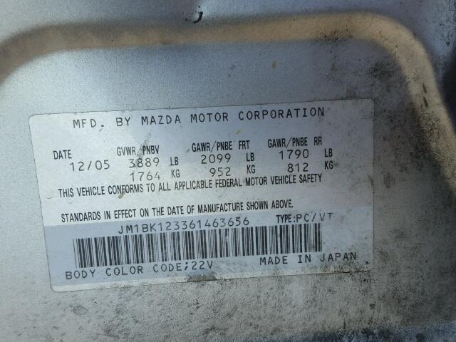 JM1BK123361463656 - 2006 MAZDA 3 S SILVER photo 10