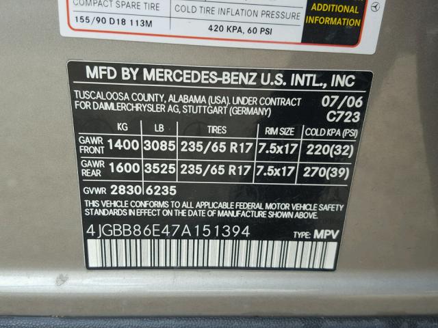 4JGBB86E47A151394 - 2007 MERCEDES-BENZ ML 350 SILVER photo 10