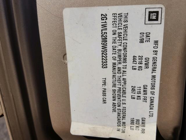 2G1WL52M9W9222333 - 1998 CHEVROLET LUMINA BAS ოქროსფერი ფოტო 10