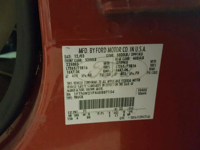 1FTNW21PX4EB87154 - 2004 FORD F250 SUPER RED photo 10