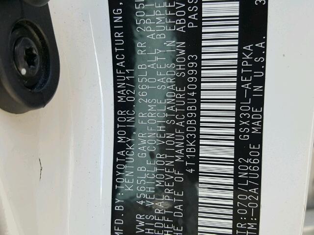 4T1BK3DB9BU409993 - 2011 TOYOTA AVALON BAS WHITE photo 10