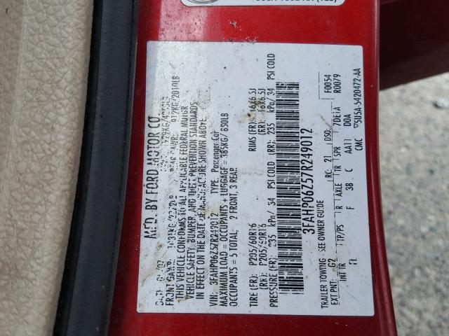 3FAHP06Z57R249012 - 2007 FORD FUSION S RED photo 10