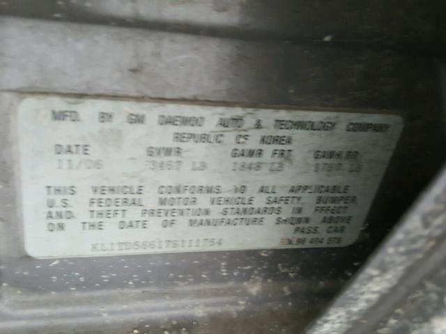 KL1TD56617B111754 - 2007 CHEVROLET AVEO BASE Szary zdjęcie 10