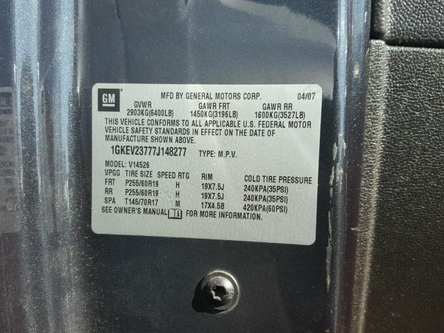 1GKEV23777J148277 - 2007 GMC ACADIA SLT შავი ფოტო 10