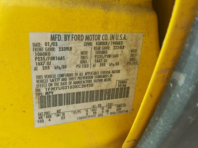 1FMYU03103KC26958 - 2003 FORD ESCAPE XLT YELLOW photo 10