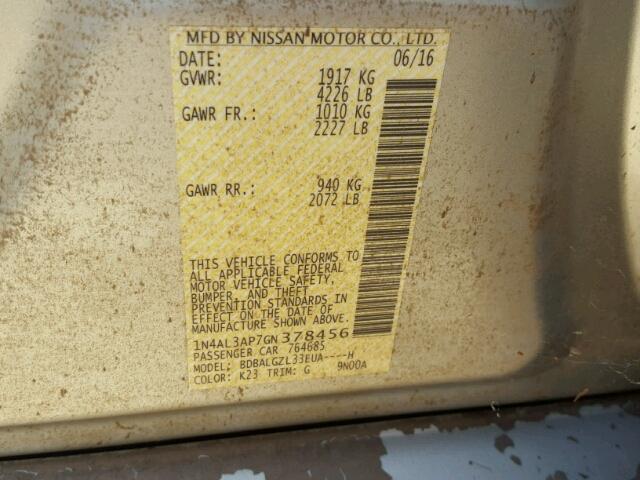 1N4AL3AP7GN378456 - 2016 NISSAN ALTIMA 2.5 GRAY photo 10