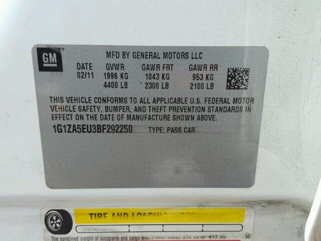 1G1ZA5EU3BF292250 - 2011 CHEVROLET MALIBU LS 白色 照片 10