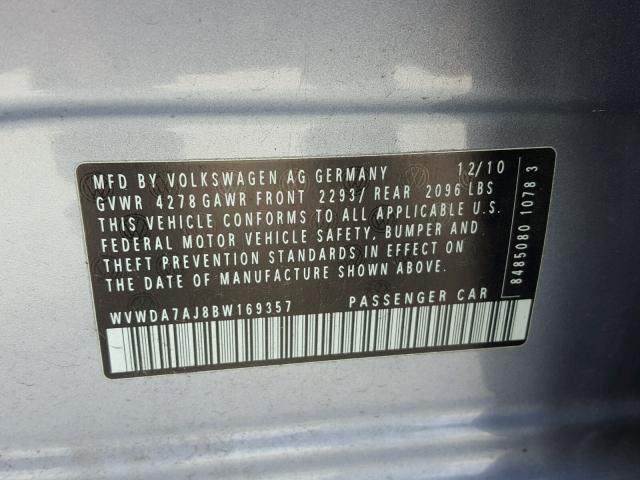 WVWDA7AJ8BW169357 - 2011 VOLKSWAGEN GOLF BLUE photo 10