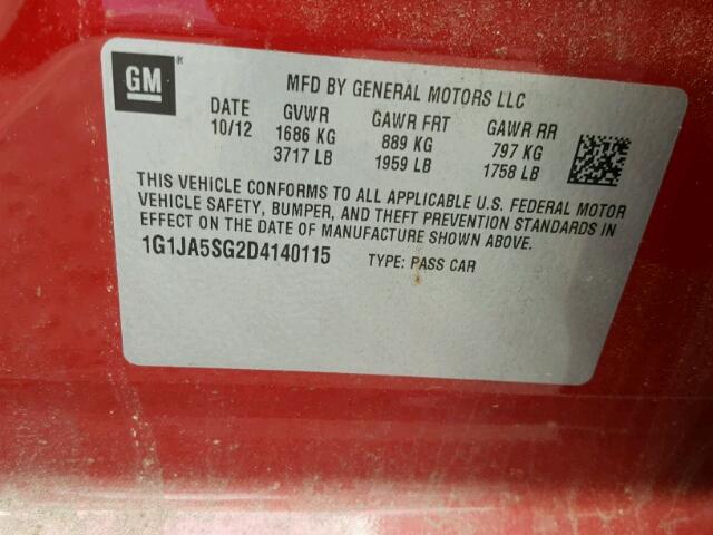 1G1JA5SG2D4140115 - 2013 CHEVROLET SONIC LS 红色 照片 10