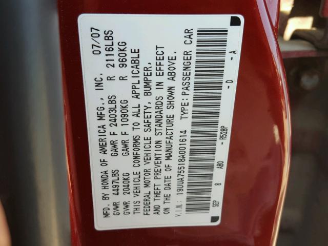 19UUA75518A001614 - 2008 ACURA TL TYPE S RED photo 10