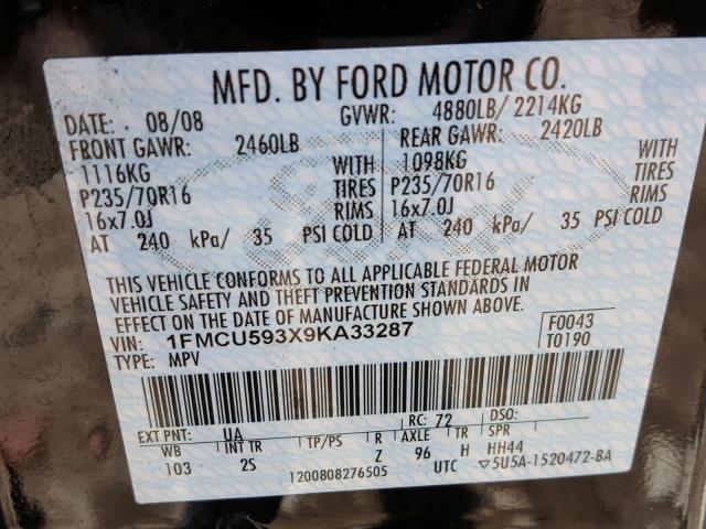 1FMCU593X9KA33287 - 2009 FORD ESCAPE HYB BLACK photo 10