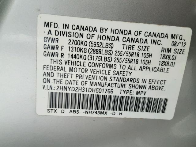 2HNYD2H31DH501766 - 2013 ACURA MDX TECHNO SILVER photo 10