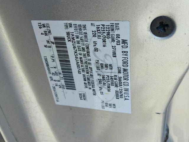 1FMZU67K54UA00740 - 2004 FORD EXPLORER S SILVER photo 10