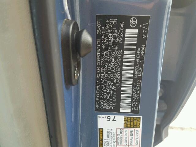 JTDKB20U477667138 - 2007 TOYOTA PRIUS BLUE photo 10