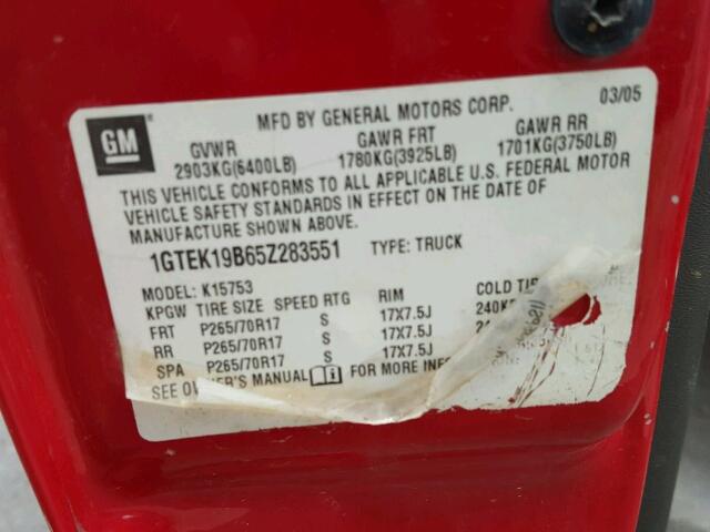 1GTEK19B65Z283551 - 2005 GMC NEW SIERRA RED photo 10