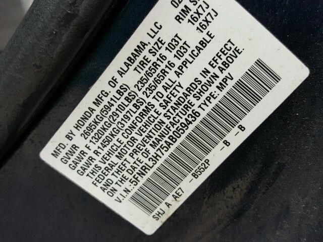 5FNRL3H75AB059436 - 2010 HONDA ODYSSEY EX BLUE photo 10